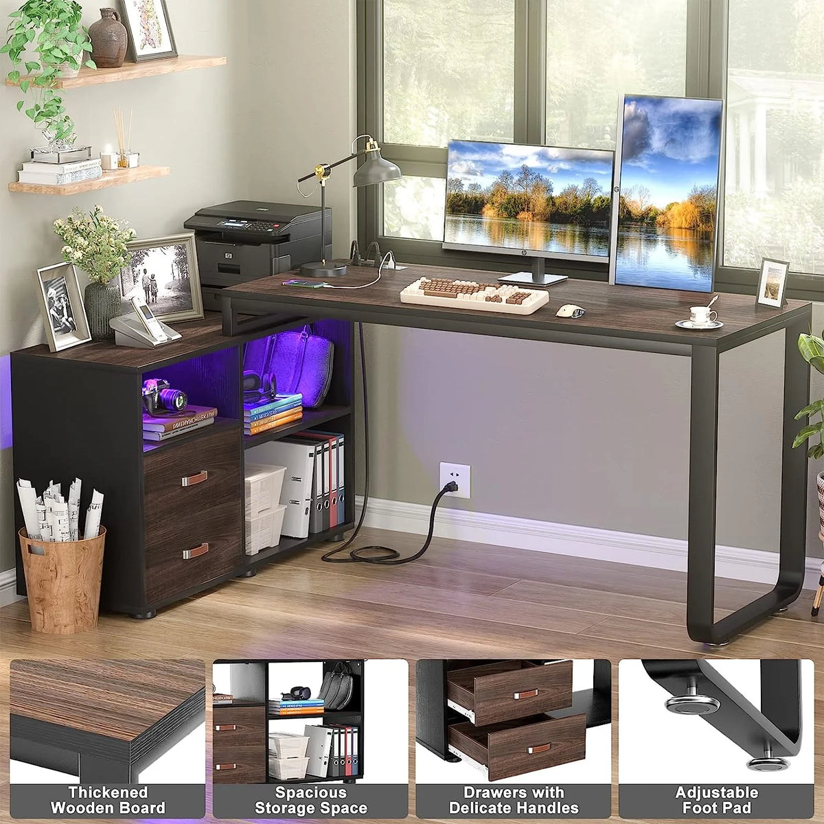 55 Inch L Shaped Computer Desk with File Cabinet and Drawers B404136