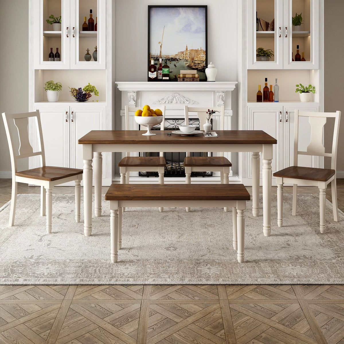 6-Piece Wooden Dining Set with 4 Upholstered Chairs & Bench R466598