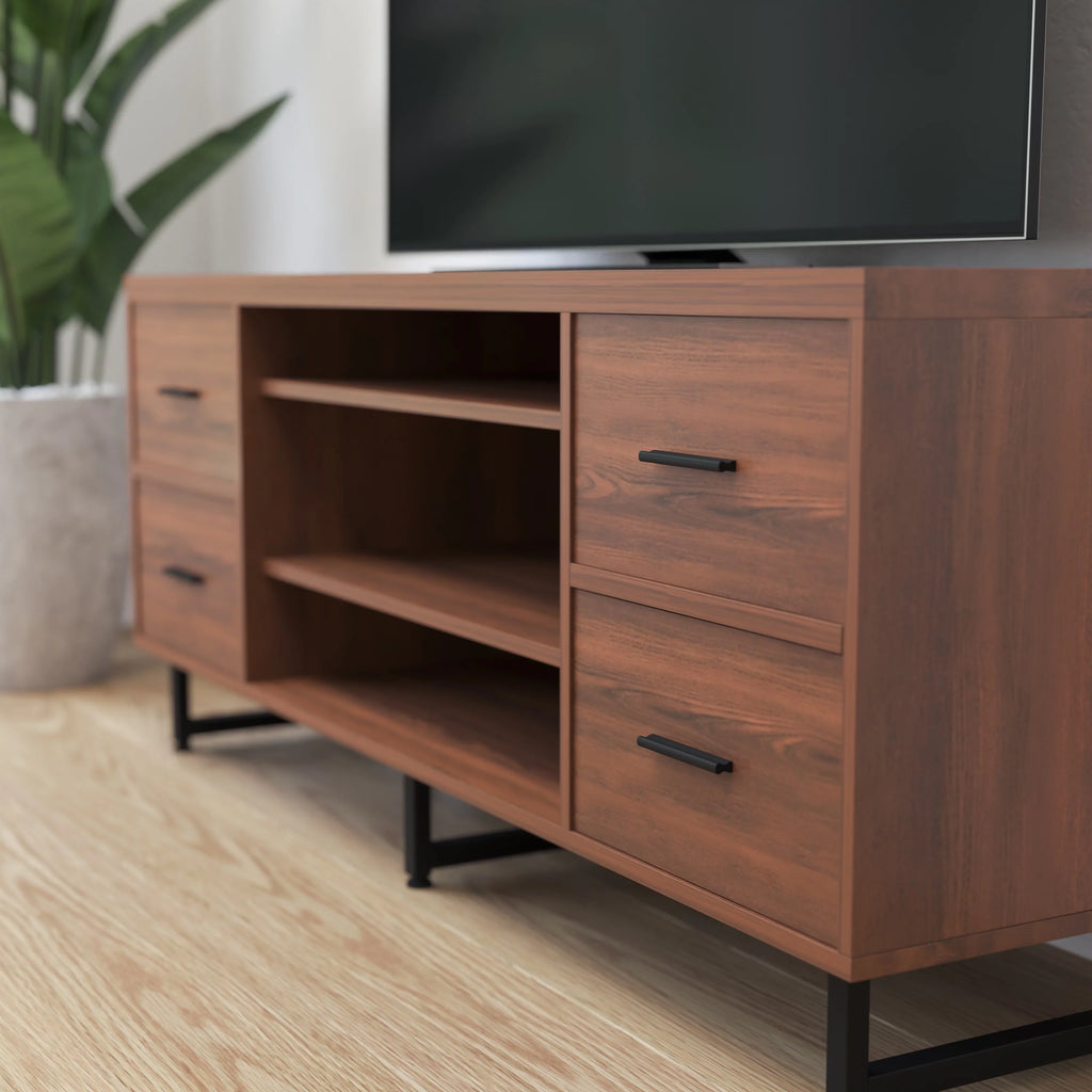 Rustic Wood Grain Three Shelf Four Drawer TV Stand with Metal Legs G202