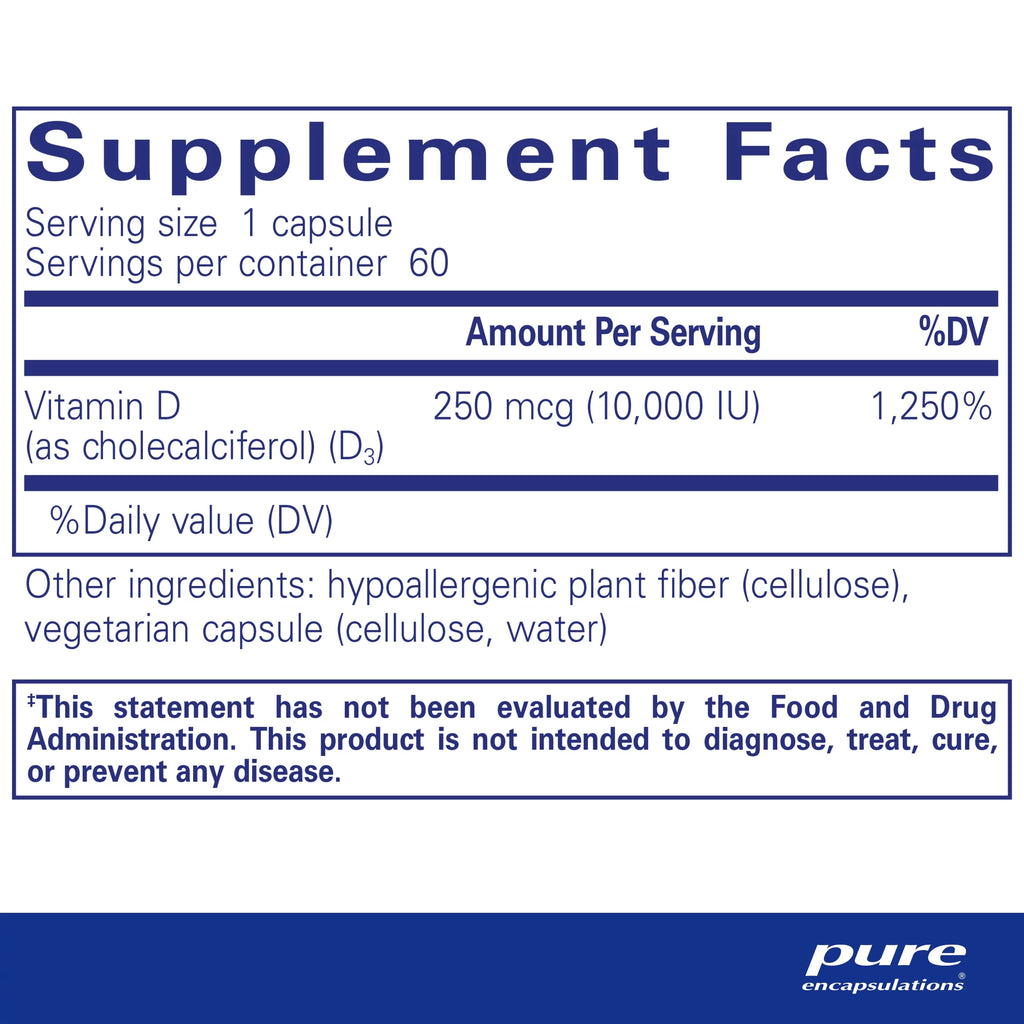 Vitamin D3 250 mcg (10,000 IU) Supplement, 60 Capsules S3180