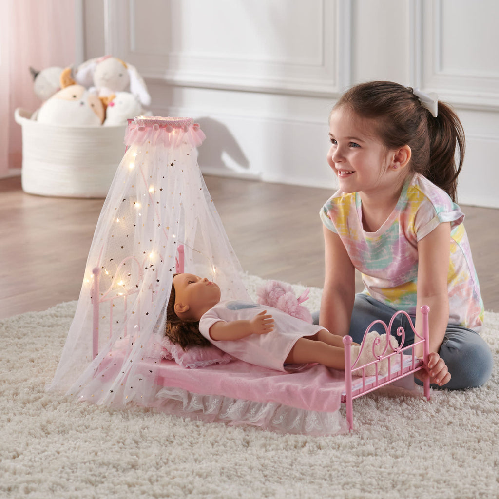 Pink Metal Doll Bed with Canopy and Bedding I198427