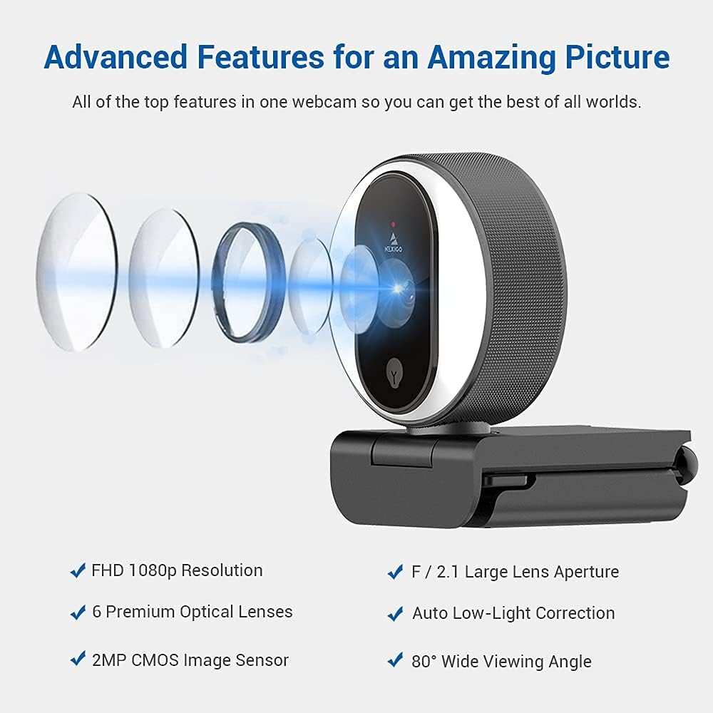 1080P Webcam with Ring Light, Privacy Cover and Dual Microphone I336