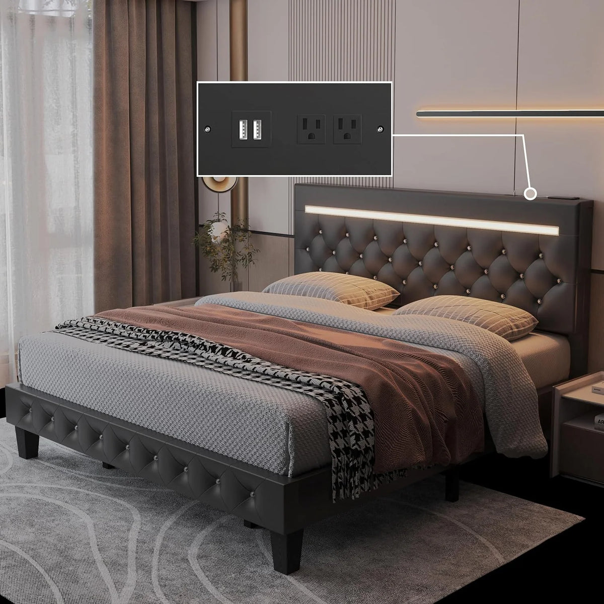 Full Size LED Leather Bed Frame with Headboard O356406