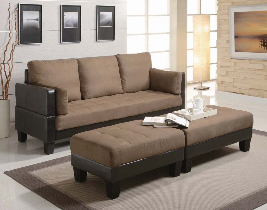 Brown Upholstered Sofa Bed with 2 Ottomans J419