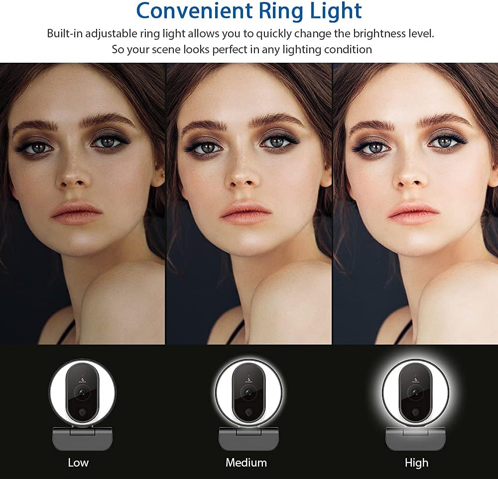 1080P Webcam with Ring Light, Privacy Cover and Dual Microphone I336