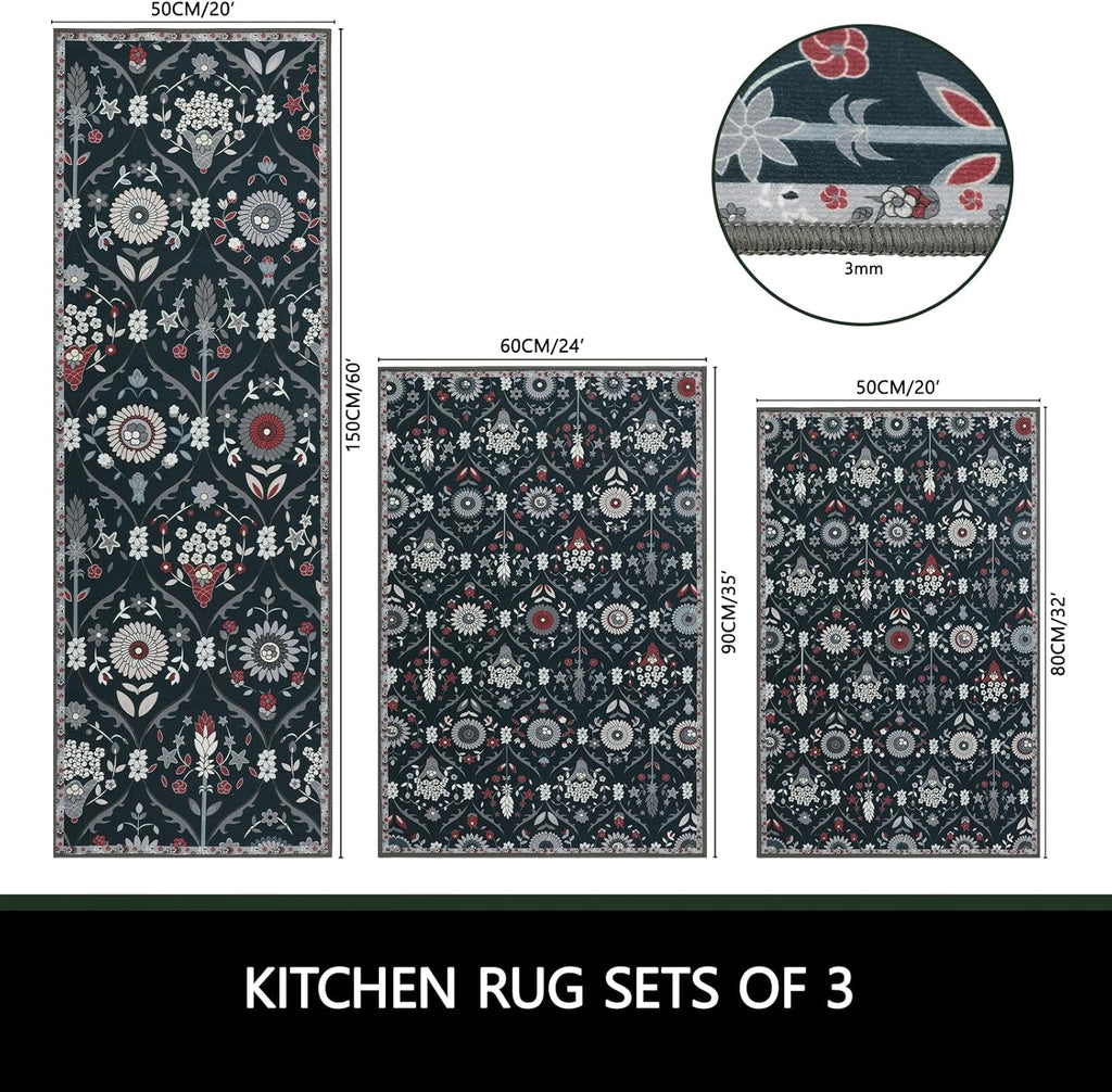 Non Slip Kitchen Rug Sets of 3 Low Pile Floor Carpet Sets C673
