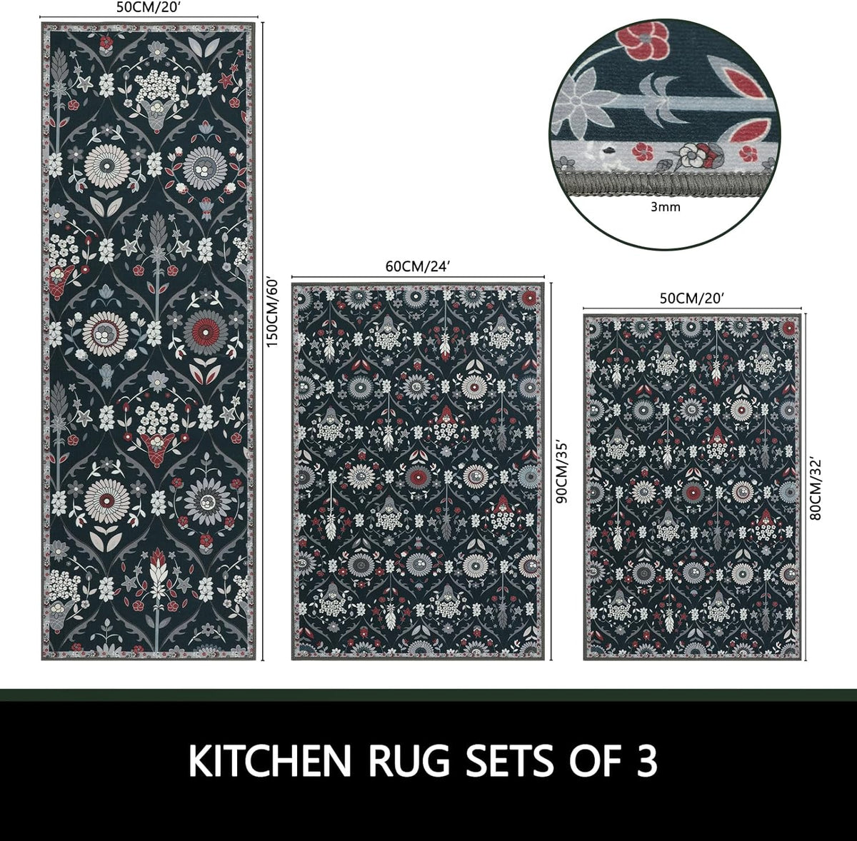 Non Slip Kitchen Rug Sets of 3 Low Pile Floor Carpet Sets C673