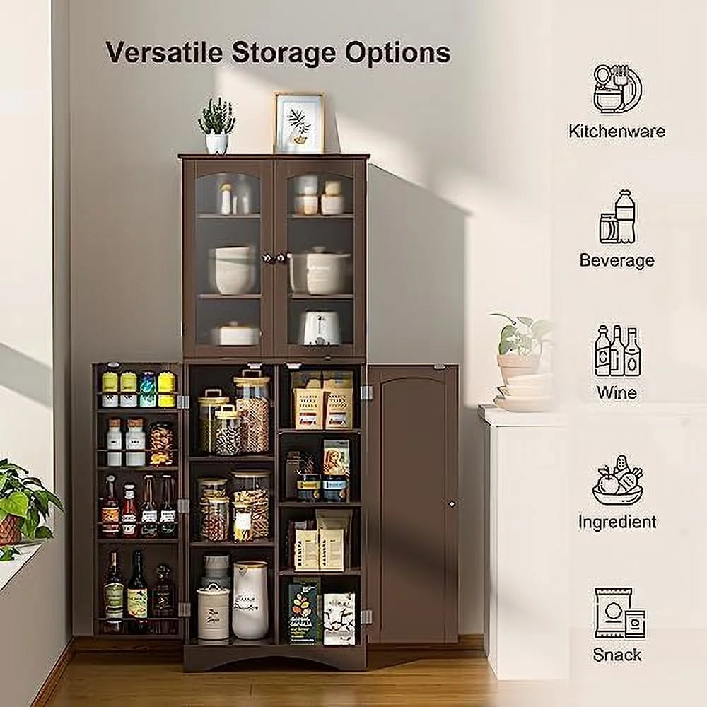 64" Kitchen Pantry Cabinet with Glass Doors and Adjustable Shelves W7576