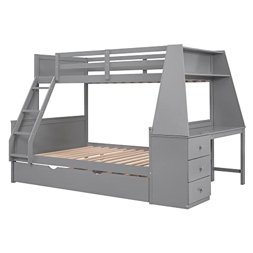 Twin Over Full Bunk Bed with Trundle and Built-in Desk, Solid Wood Bunk Bed Frame with Three Storage Drawers and Shelf, Gray C183347