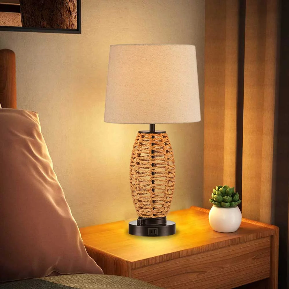 0-100% Dimmable Coastal Rattan Table Lamp with 2 USB Ports D7345