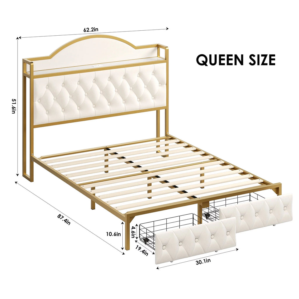 White Queen Size Storage Bed with 2 Drawers U8212