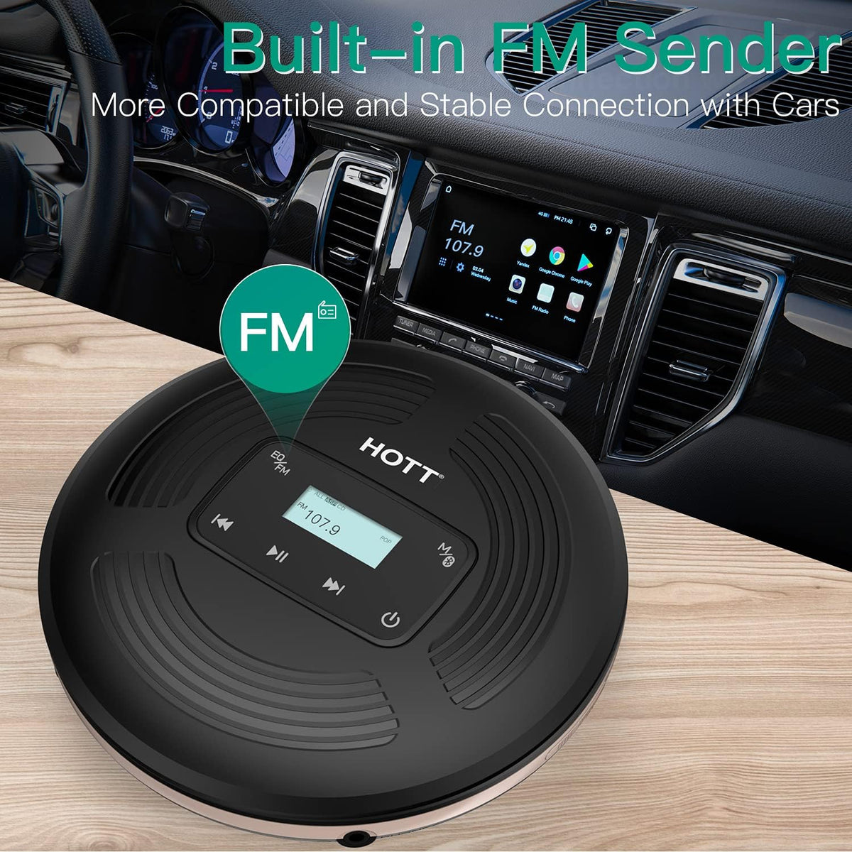 Rechargeable Portable CD Player with Bluetooth FM Transmitter Black Y704514