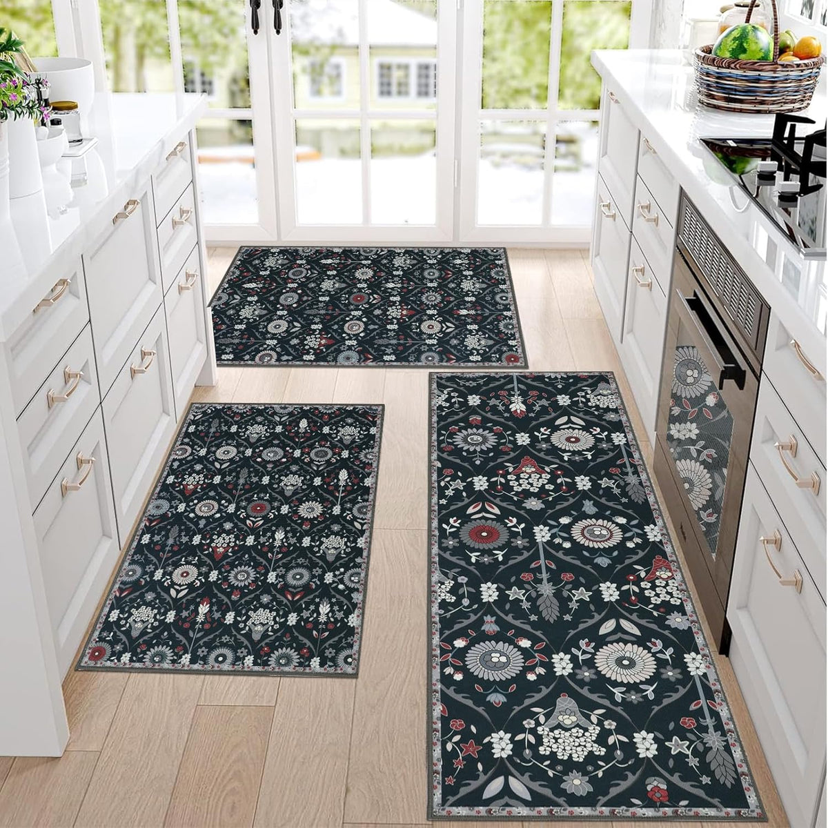 Non Slip Kitchen Rug Sets of 3 Low Pile Floor Carpet Sets C673