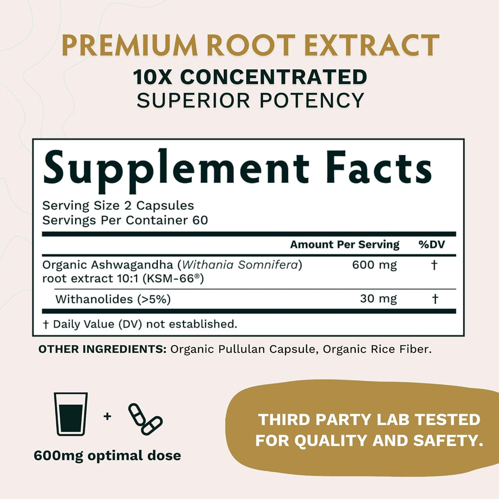Ashwagandha Organic Root Powder Extract Supplement 600mg 120 Capsules H740327