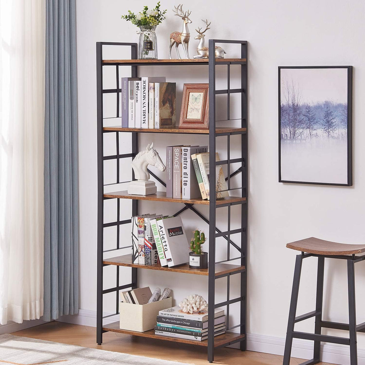 5-Tier Rustic Wood and Metal Bookshelf P17191