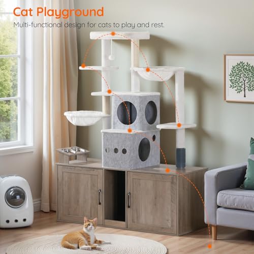 Greige 63.4" Tall Cat Tree with Dual Litter Box Enclosure Q225