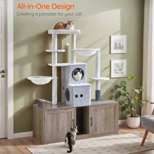 Greige 63.4" Tall Cat Tree with Dual Litter Box Enclosure Q225