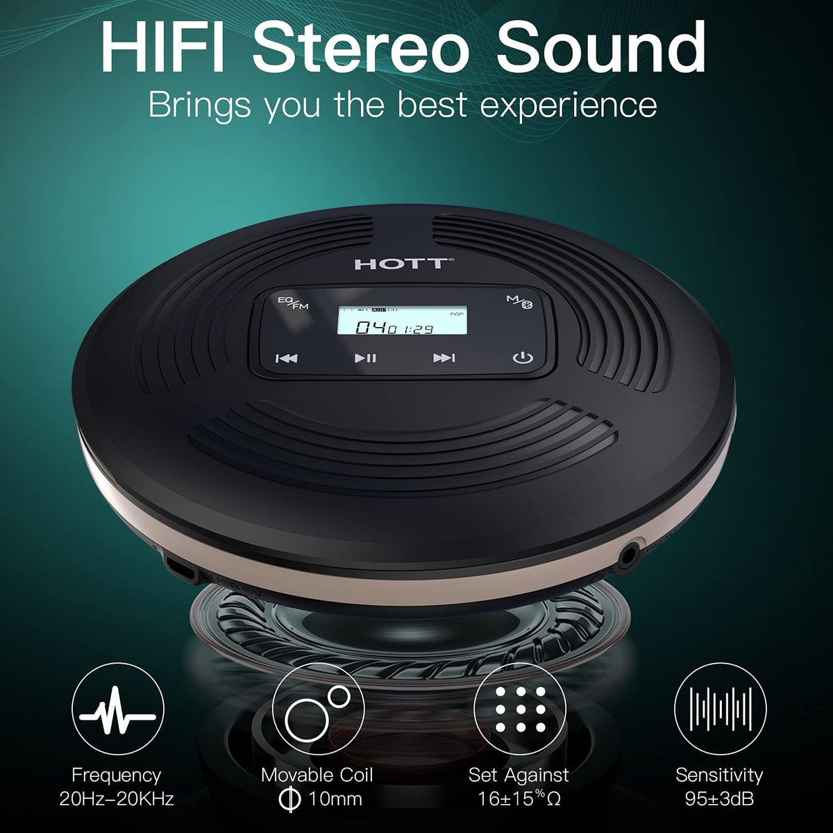Rechargeable Portable CD Player with Bluetooth FM Transmitter Black Y704514