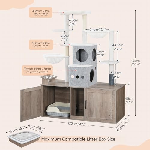 Greige 63.4" Tall Cat Tree with Dual Litter Box Enclosure Q225