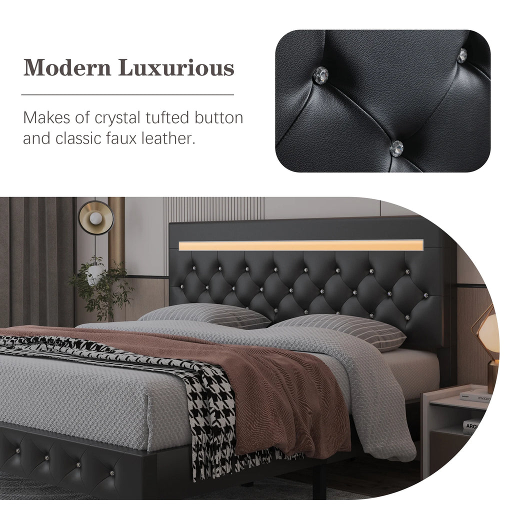 Full Size LED Leather Bed Frame with Headboard O356406