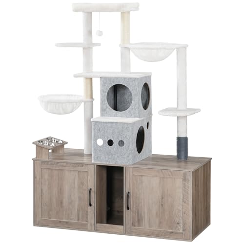 Greige 63.4" Tall Cat Tree with Dual Litter Box Enclosure Q225