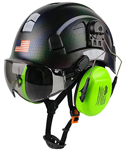 Safety Helmet Hard Hat with Visor and Ear Protection Adjustable Lightweight Vented ABS Work Helmet 6-Point Suspension D411
