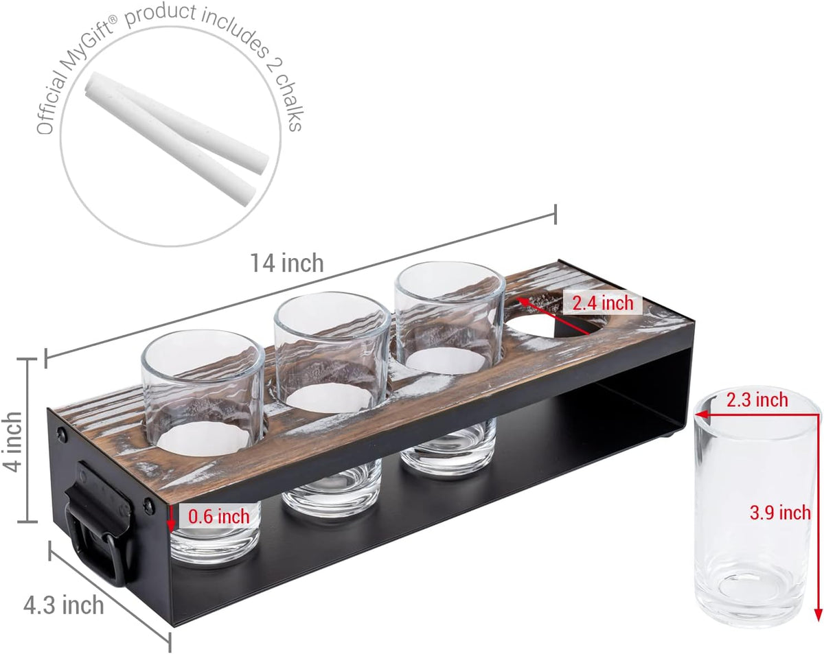 Beer Flight Board with Glasses Serving Caddy in Matte Black Metal and Torched Wood with 4 Beer Tasting Glass, Set of 2 F6570