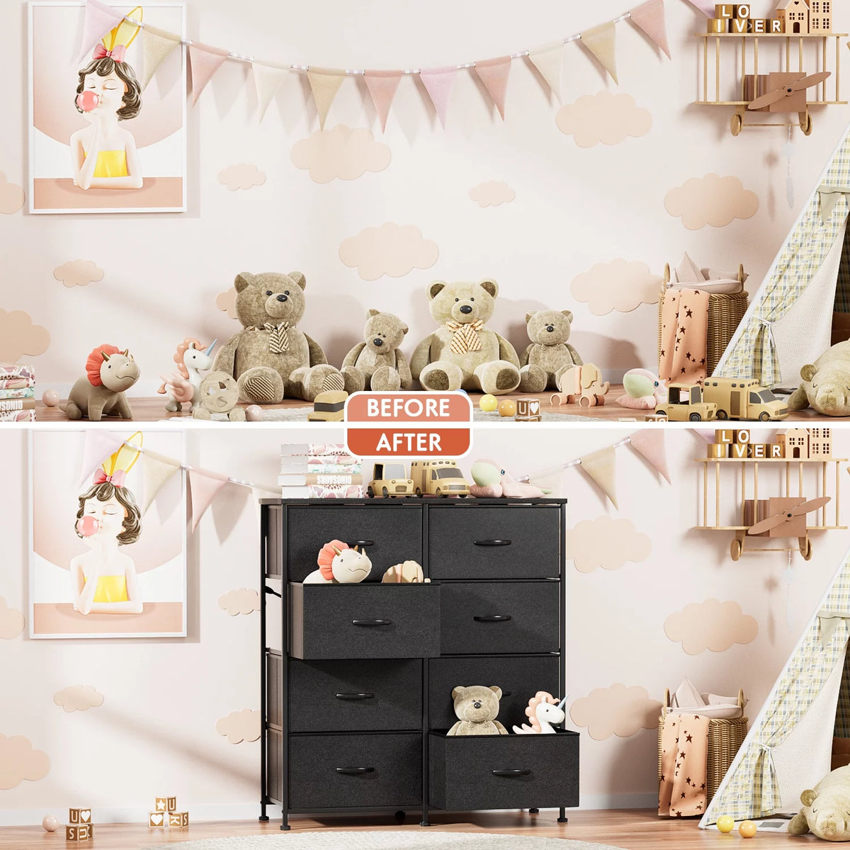5 Drawer Fabric Dresser with Wood Top T631916