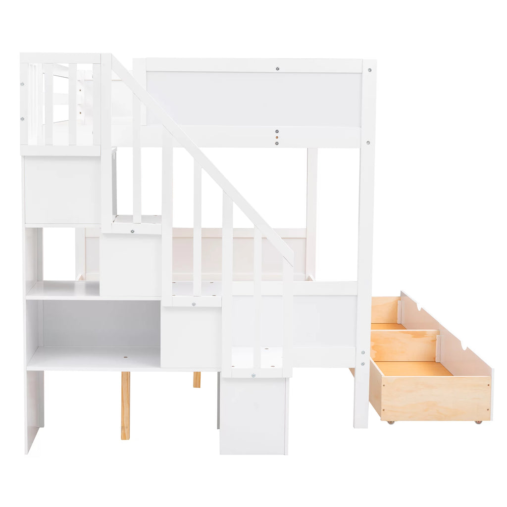 Solid Wood Twin Over Full Bunk Bed with Two Drawers and Staircase, White X6421