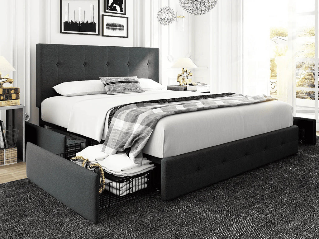 Queen Size Storage Bed Frame with 4 Drawers, Tufted Adjustable Headboard, Dark Grey T5448