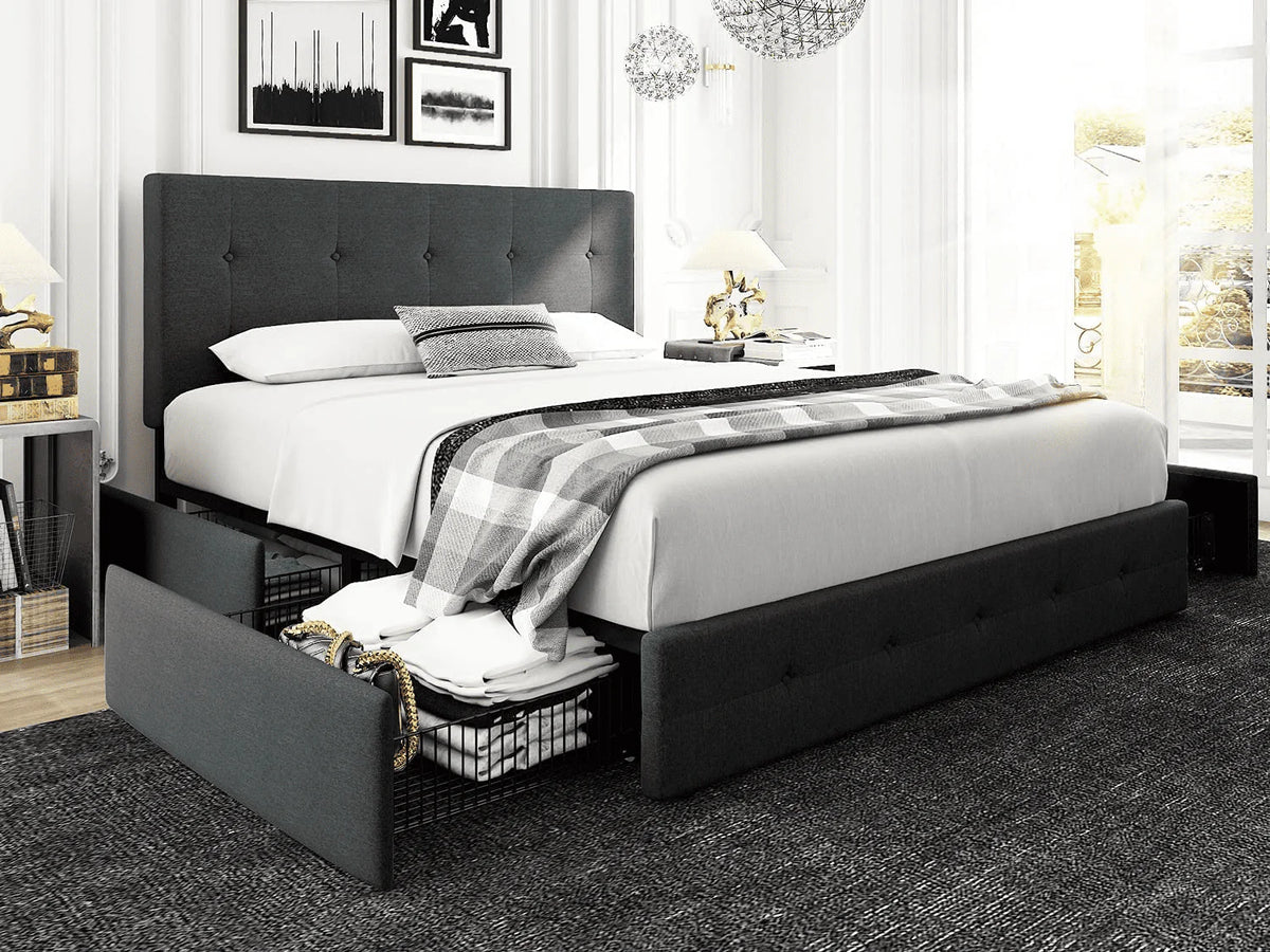Queen Size Storage Bed Frame with 4 Drawers, Tufted Adjustable Headboard, Dark Grey T5448