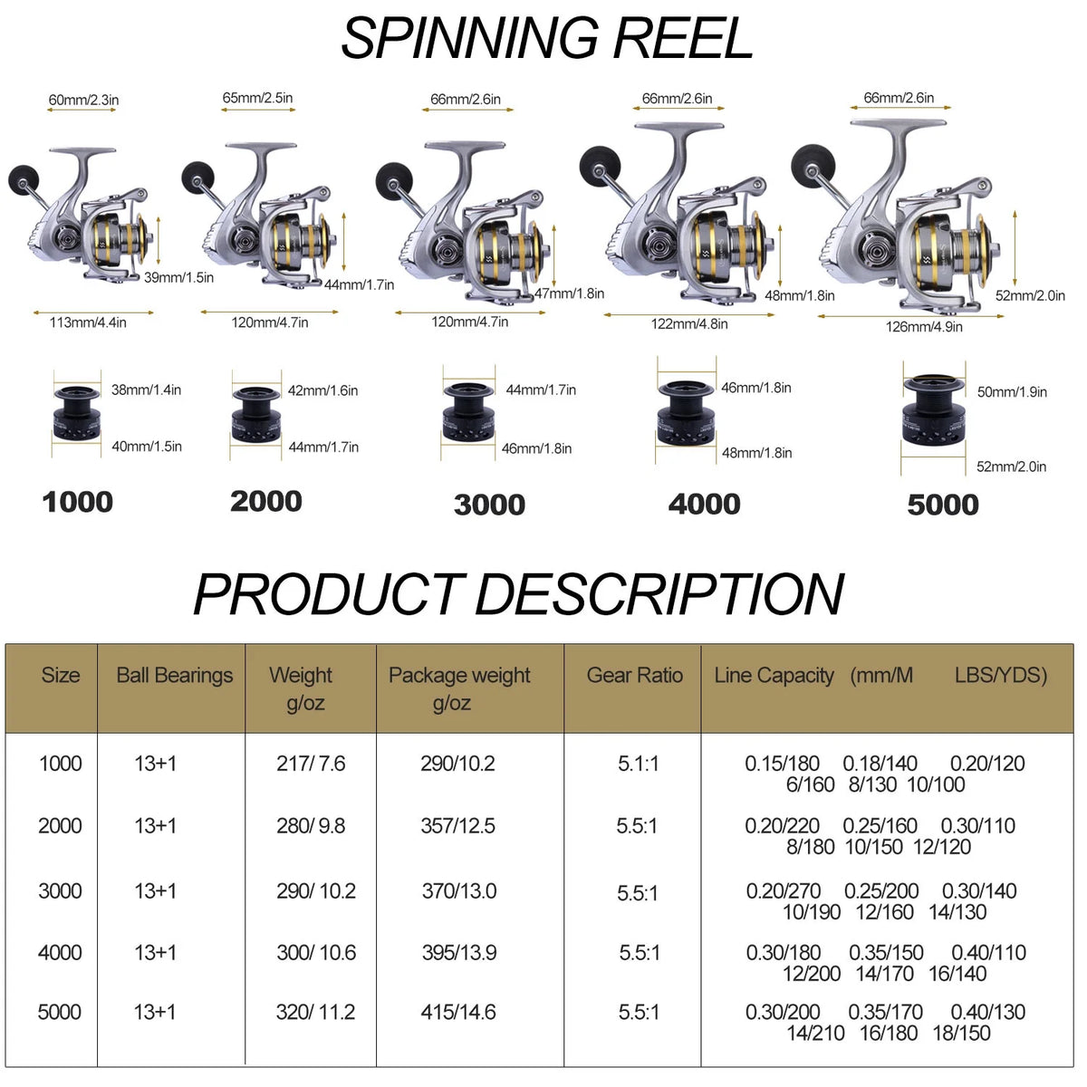 13+1 Ball Bearings Metal Body Spinning Fishing Reel W89556