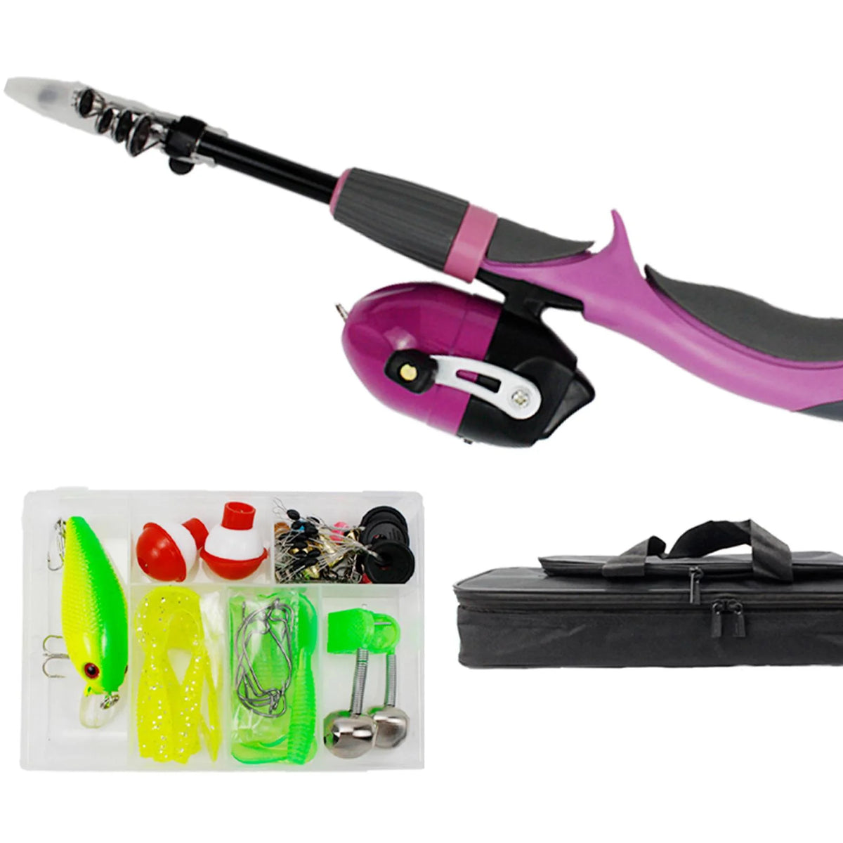 Pink Telescopic Fishing Rod and Reel Carrier Bag with Fishing Line V903759