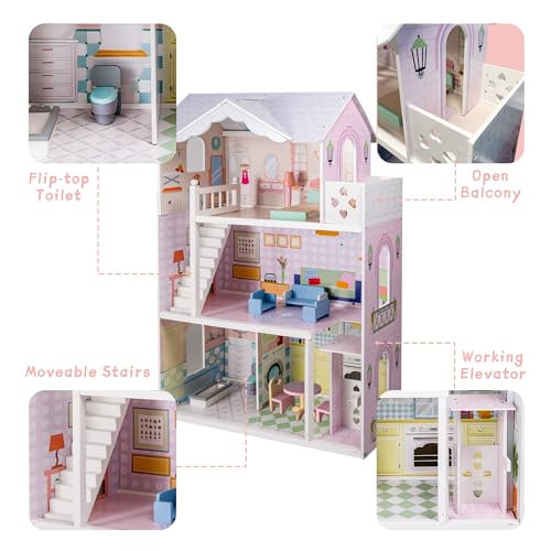 Large Wooden 3 Stories 6 Rooms Dollhouse with Elevator & Balcony Z2058