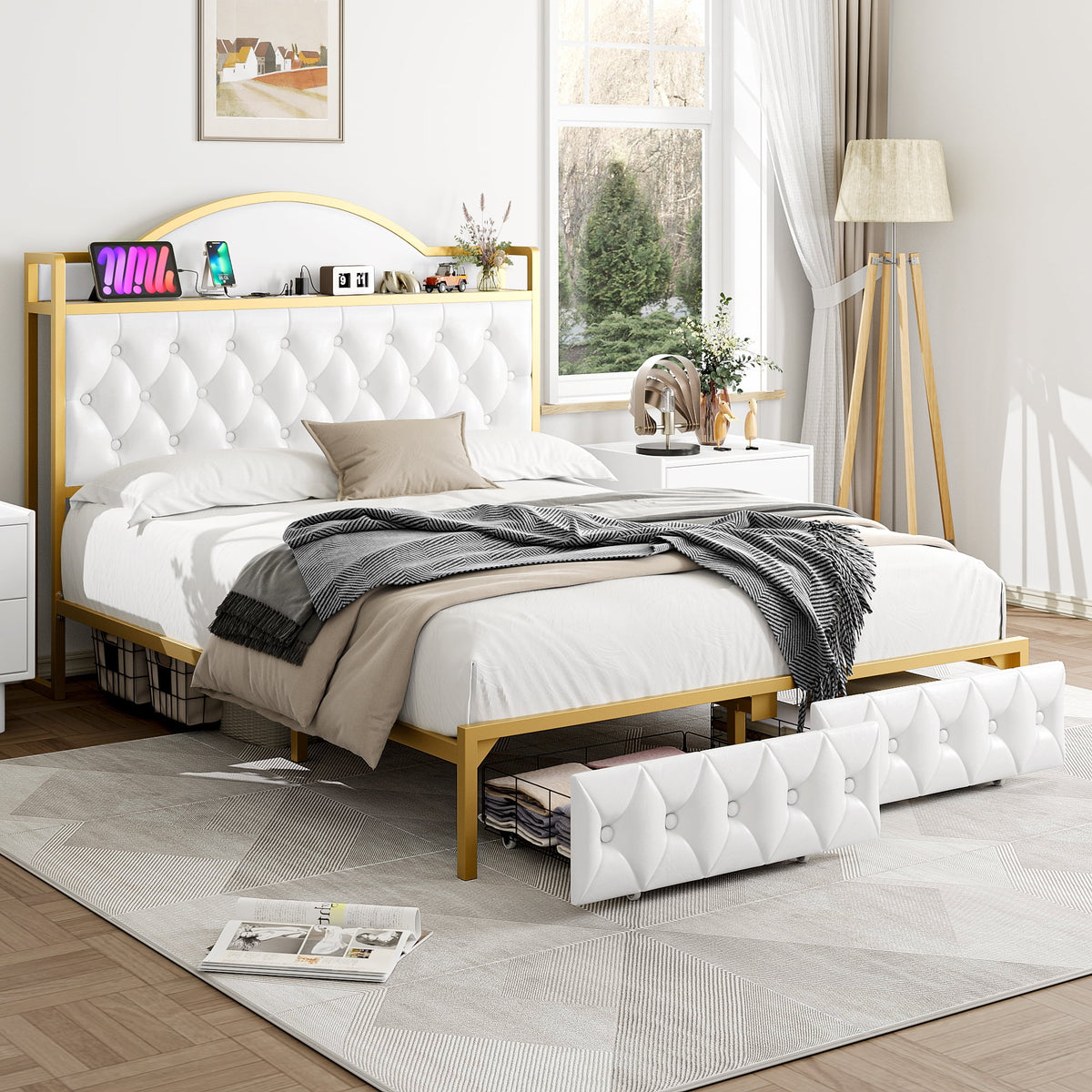 White Queen Size Storage Bed with 2 Drawers U8212