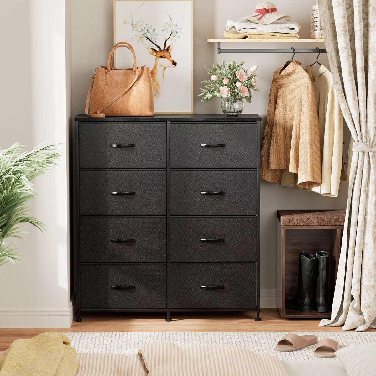 5 Drawer Fabric Dresser with Wood Top T631916