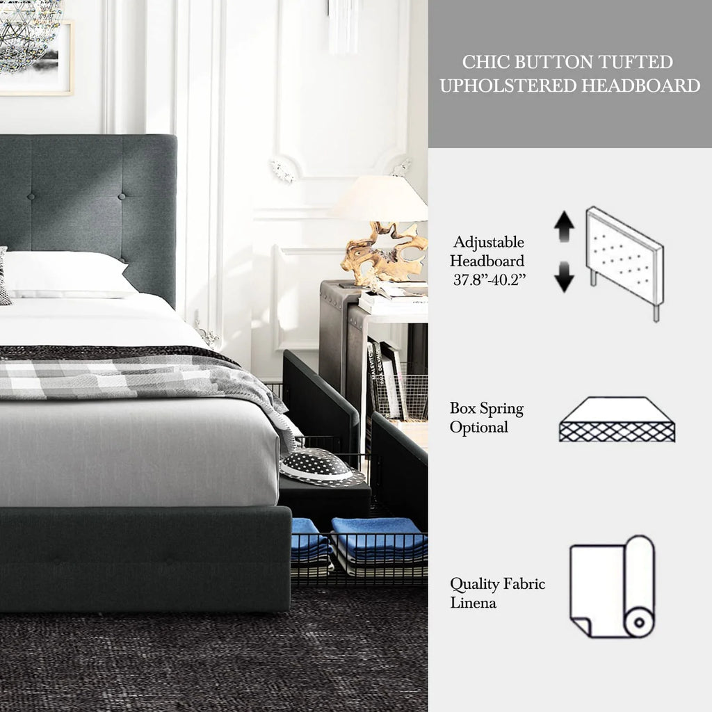 Queen Size Storage Bed Frame with 4 Drawers, Tufted Adjustable Headboard, Dark Grey T5448