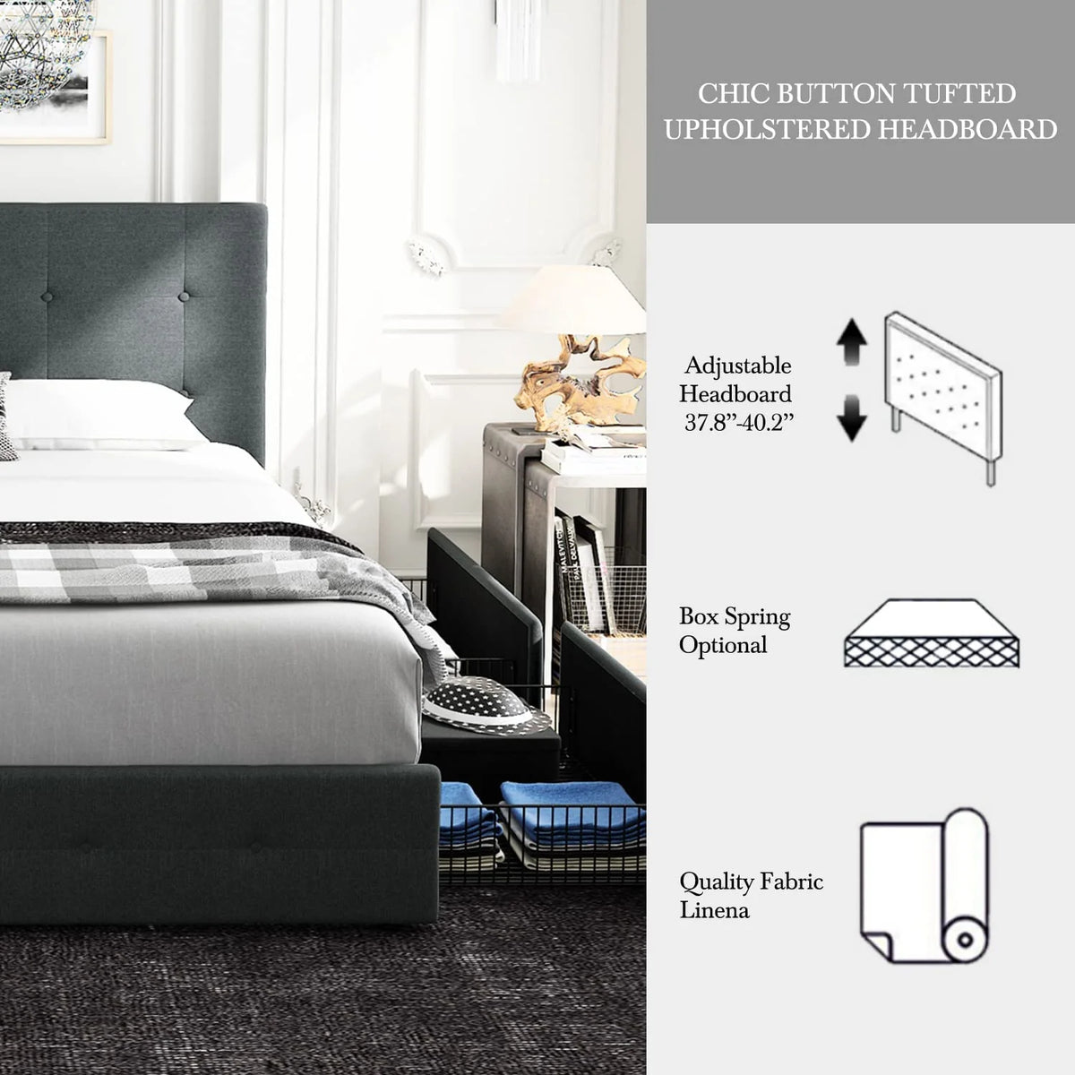 Queen Size Storage Bed Frame with 4 Drawers, Tufted Adjustable Headboard, Dark Grey T5448