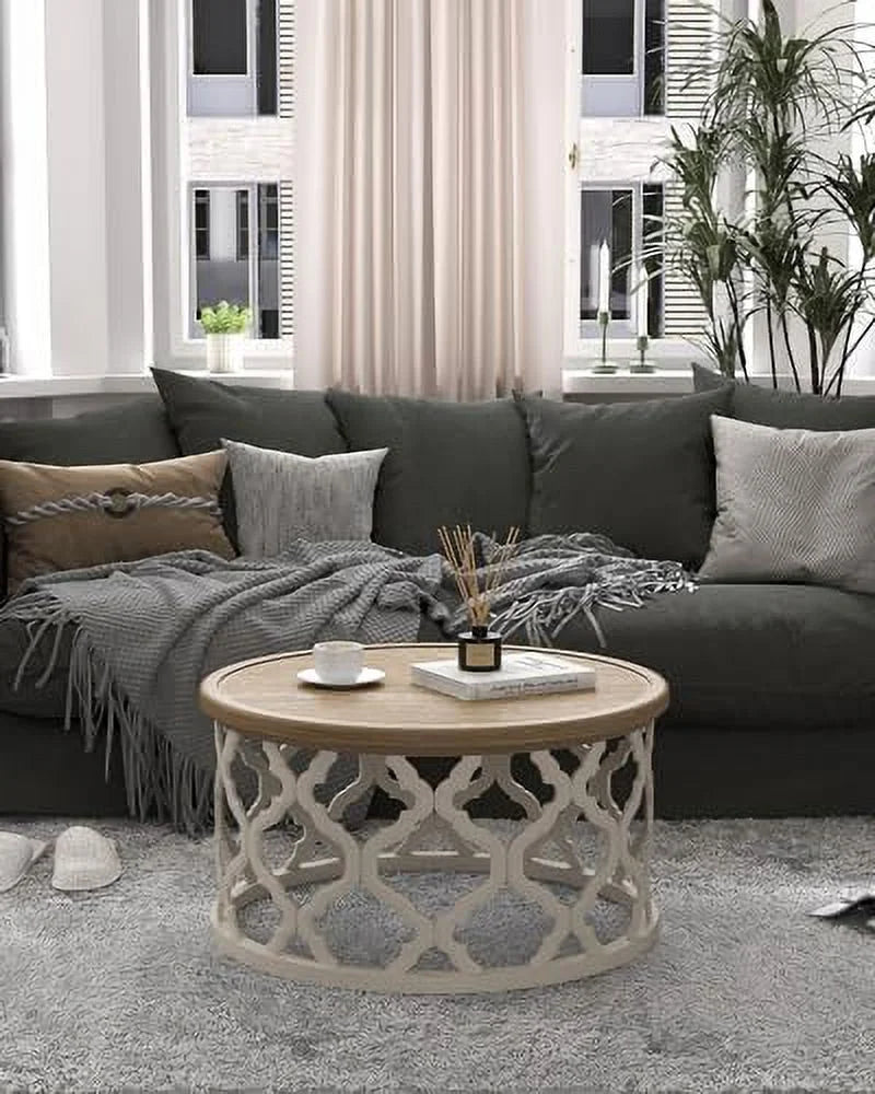 30'' Round Distressed Wood Coffee Table with Shelf W155588