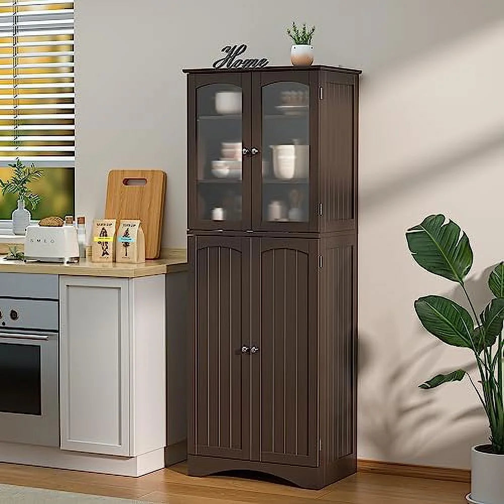 64" Kitchen Pantry Cabinet with Glass Doors and Adjustable Shelves W7576