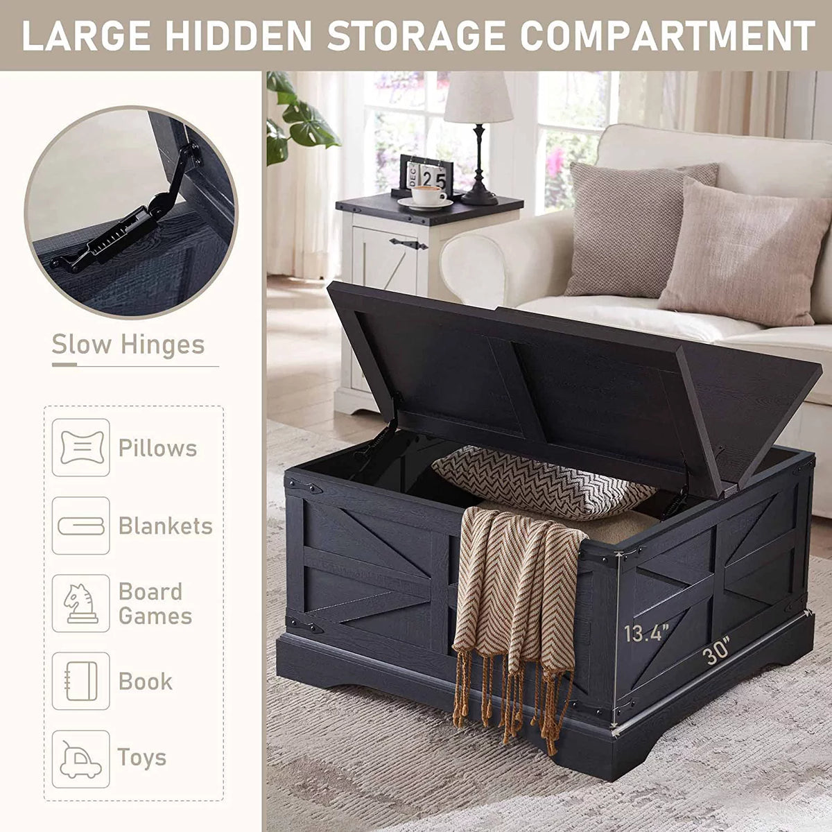 Black Square Wood Lift Top Coffee Table with Storage C3323