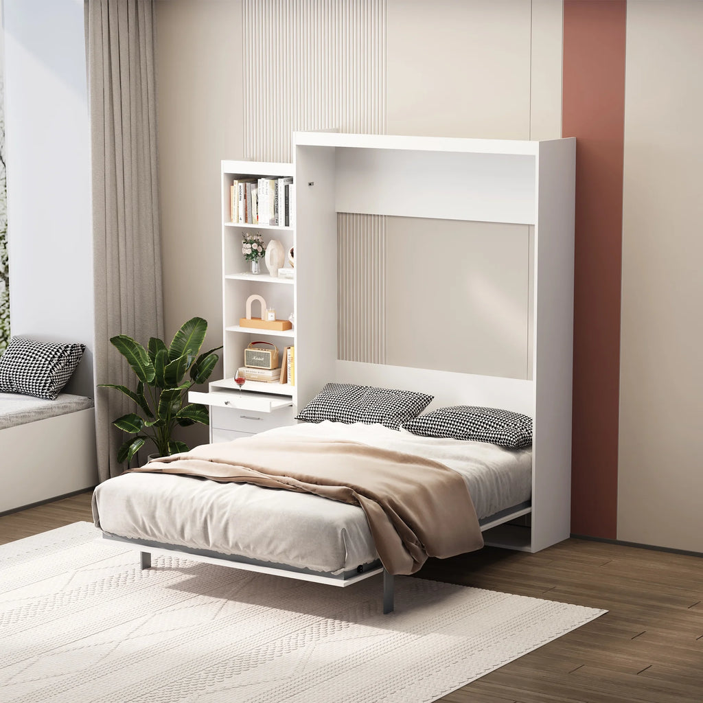 Full Size Vertical Murphy Bed with Shelf and Drawers White I343028