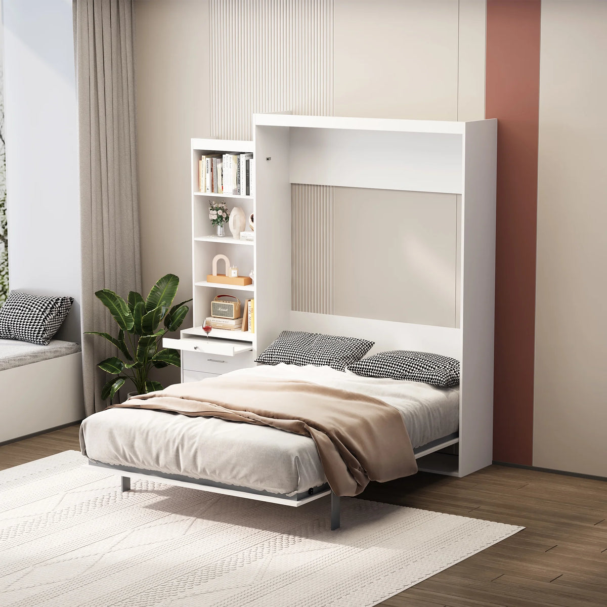 Full Size Vertical Murphy Bed with Shelf and Drawers White I343028