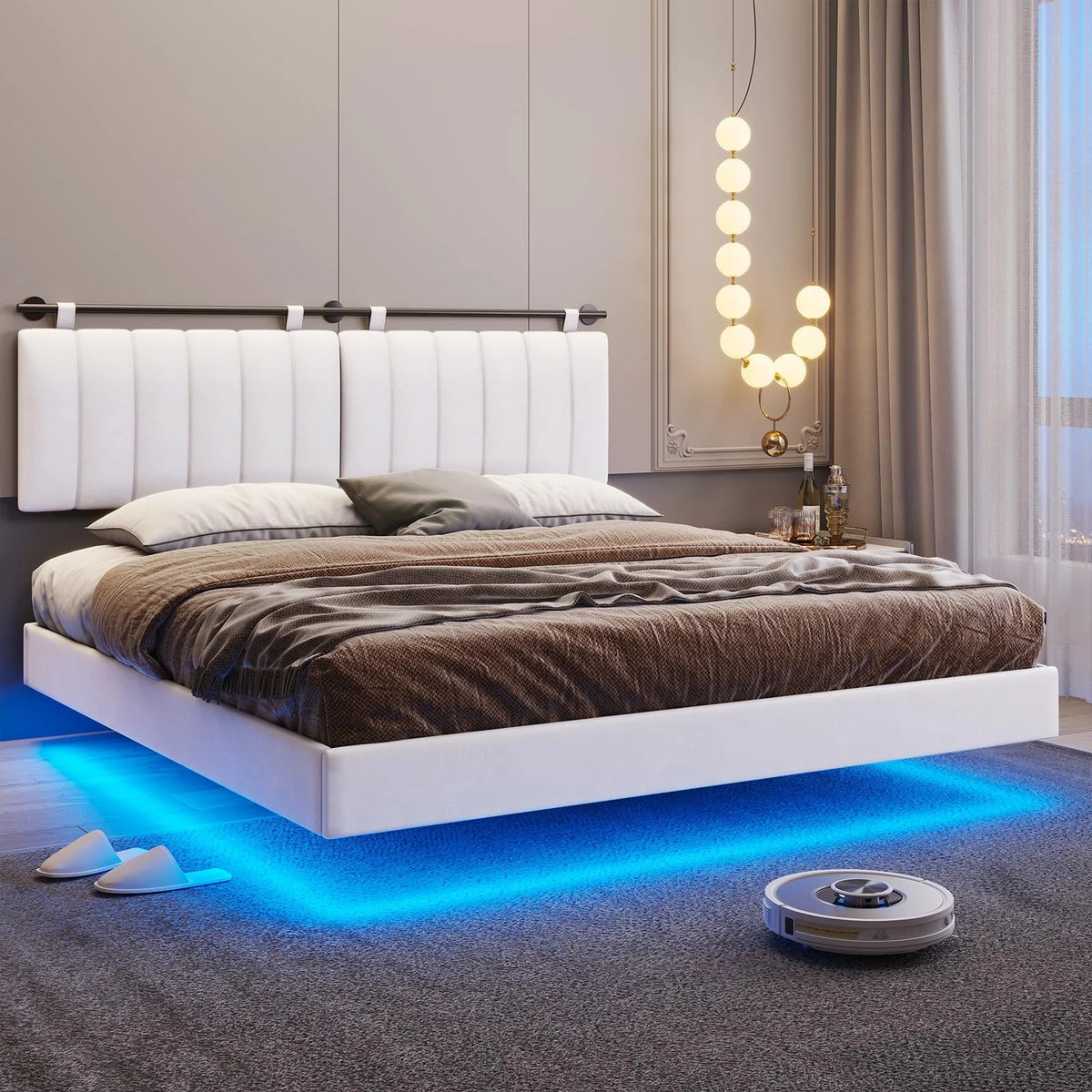Queen Floating Bed Frame with LED Lights and Wall Mounted Headboard T893849