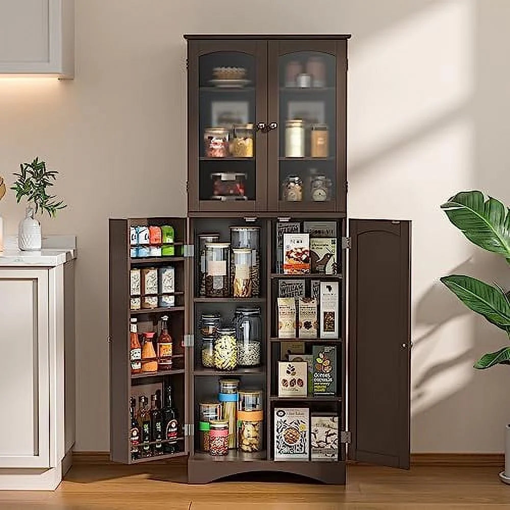 64" Kitchen Pantry Cabinet with Glass Doors and Adjustable Shelves W7576