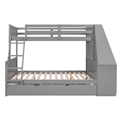 Twin Over Full Bunk Bed with Trundle and Built-in Desk, Solid Wood Bunk Bed Frame with Three Storage Drawers and Shelf, Gray C183347