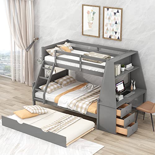 Twin Over Full Bunk Bed with Trundle and Built-in Desk, Solid Wood Bunk Bed Frame with Three Storage Drawers and Shelf, Gray C183347