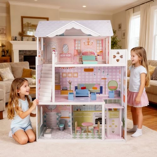Large Wooden 3 Stories 6 Rooms Dollhouse with Elevator & Balcony Z2058