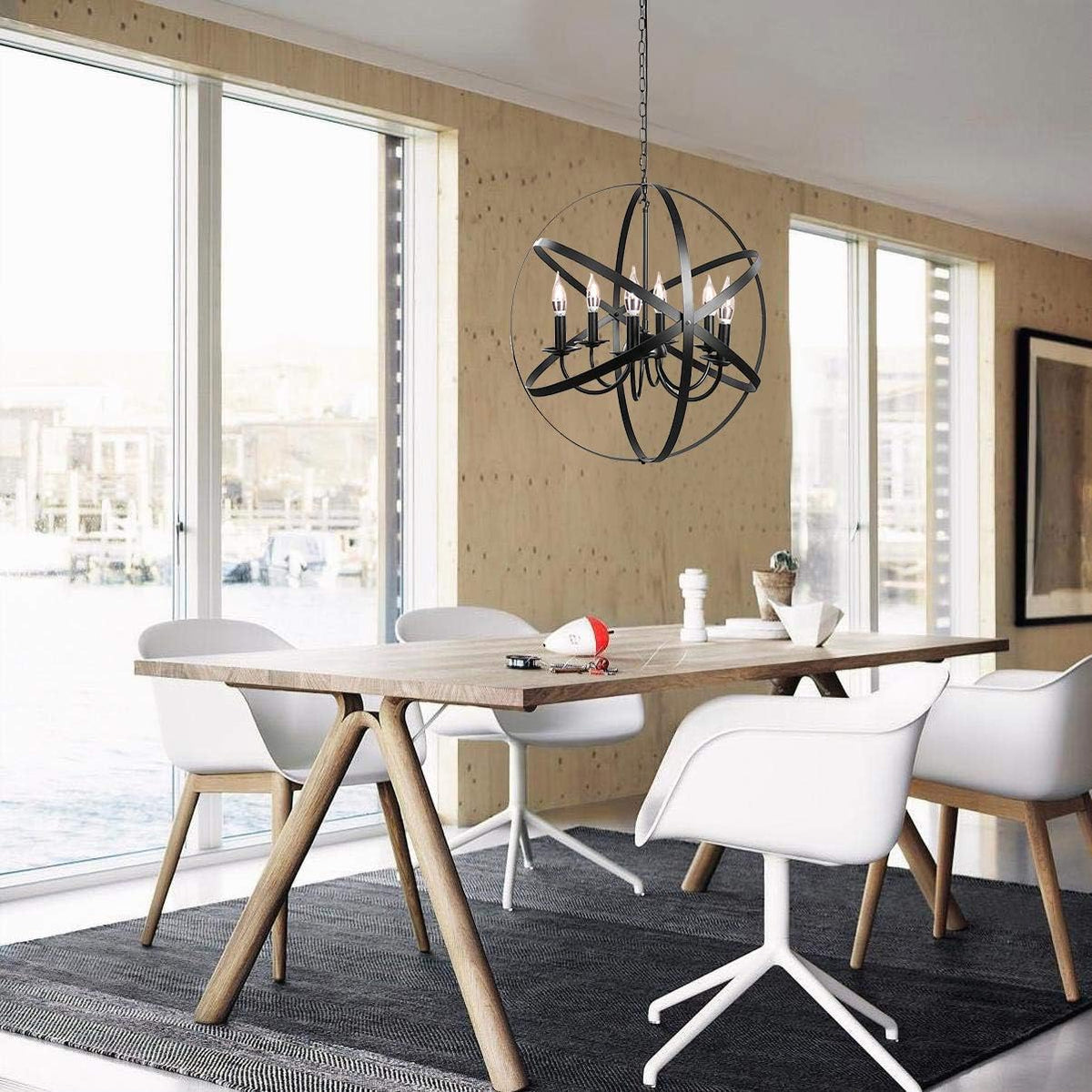 Black 6-Light Farmhouse Chandelier with Spherical Shade Q22738