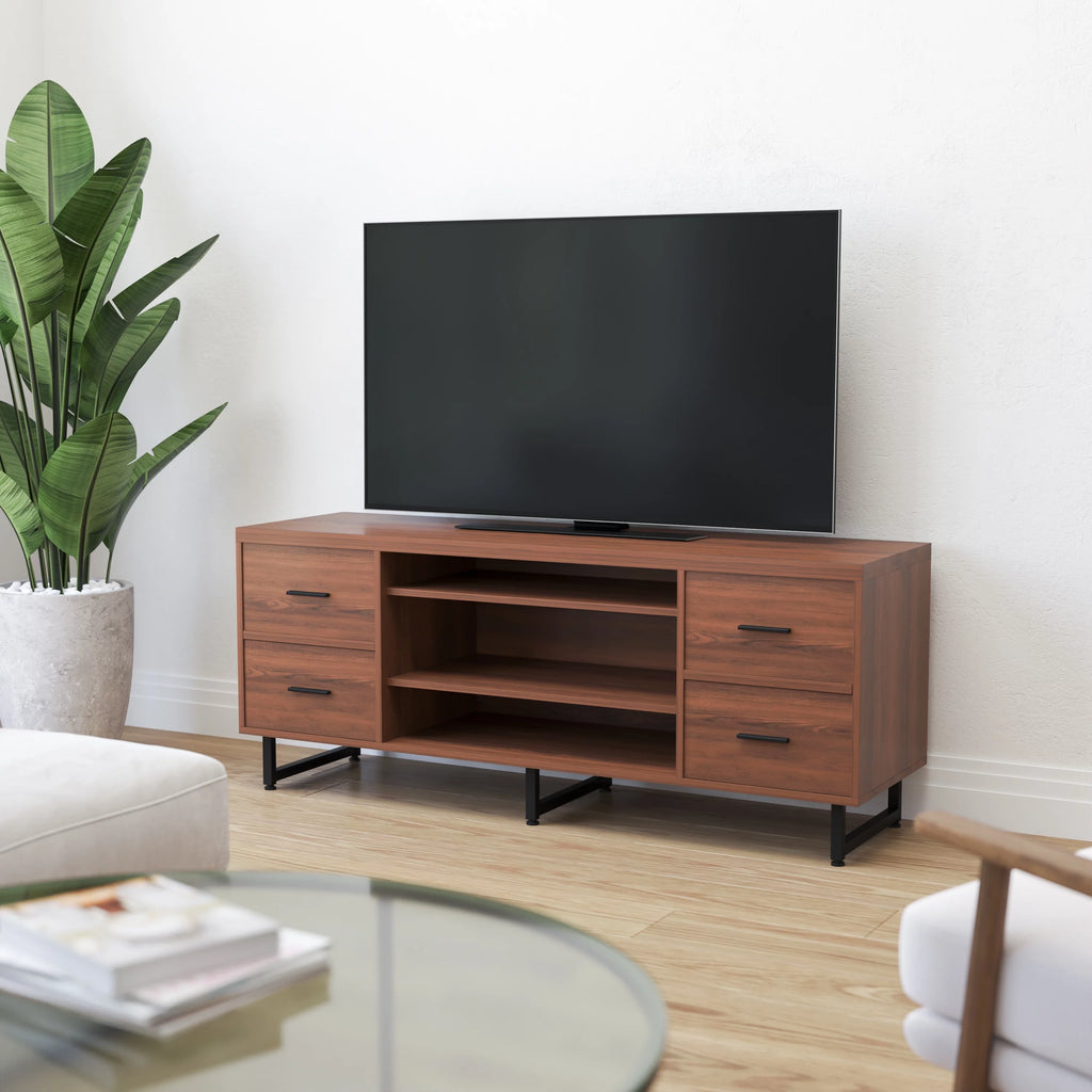 Rustic Wood Grain Three Shelf Four Drawer TV Stand with Metal Legs G202
